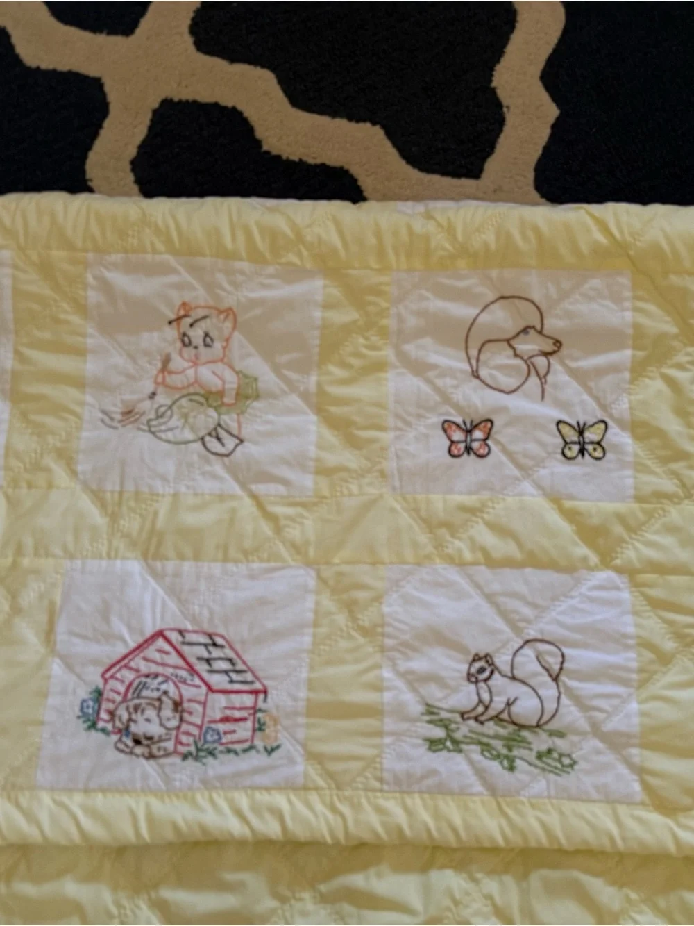 Hand-Embroidered Yellow & White Baby Quilt - Vintage Animal Blocks